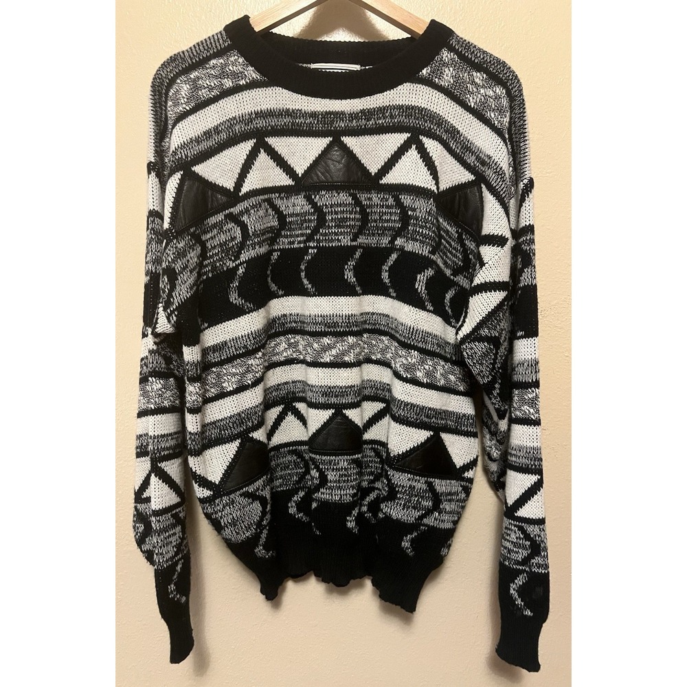 Vtg 90s Gabrielle‎ Geometric Sweater Leather Patch Black White Tribal Funky Sz L